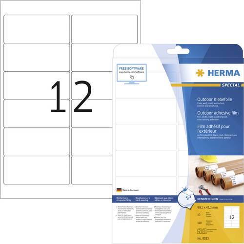 Herma 9533 Folien-Etiketten 99.1 x 42.3mm Polyethylenfolie Weiß 120 St. Permanent haftend Farblaser Herma 9533 Folien-Etiketten 99.1 x 42.3mm Polyethylenfolie Weiß 120 St. Permanent haftend Farblaser von Herma