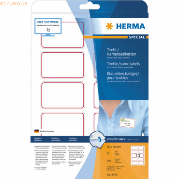 Herma Namens-/Textiletiketten Acetatseide weiß 80x50mm A4 roter Rand V von Herma