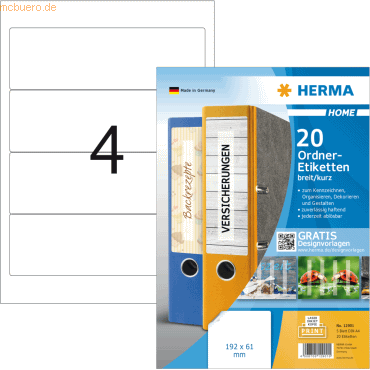 Herma Ordneretiketten Home 192,0x62,0mm weiß A4 VE=20 Etiketten ablösb von Herma