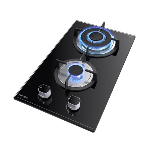 Hermitlux Gaskochfeld 2 Flammig, 30cm, 4300W，Erdgas/Propangas, Automatischer Thermoelementschutz, Einbau Glasherd von Hermitlux