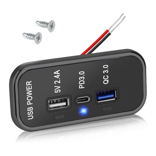 Hermosiey 3-Port 12-V-USB-Steckdosenladegerät, PD3.0 Typ C, QC 3.0 USB A und 2,4 A USB A Schnellladegerät-Buchsenadapter für Auto Marine von Hermosiey