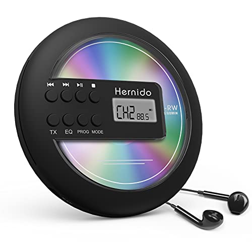 Hernido Tragbarer CD-Player für Auto, kompakter CD Player mit FM-Transmitter, USB wiederaufladbarer Discman mit Kopfhörer, stoßfest/fortsetzende Wiedergabe Walkman CD-Player von Hernido