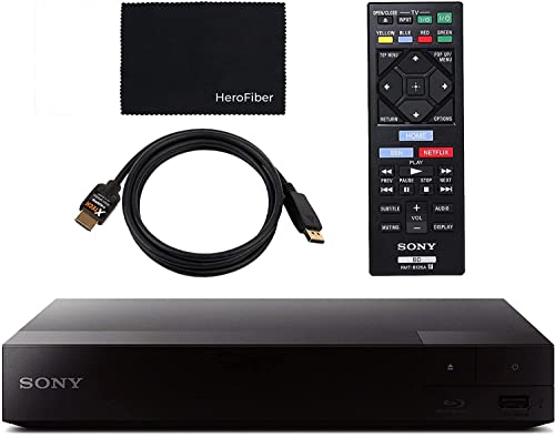 Sony Blu-Ray DVD Player BDP BX370 mit WiFi für Video-Streaming und Bildschirmspiegelung | HD Blu-ray Disc Wiedergabe, DVD Upscaling | Bundle inkl. Fernbedienung, HDMI-Kabel und Reinigungstuch von HeroFiber