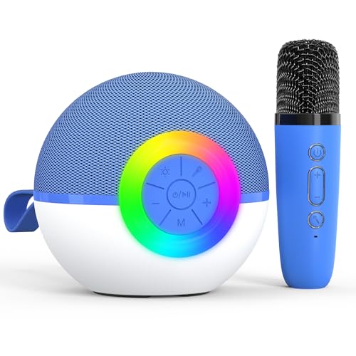 Karaoke Maschine Kinder Spielzeug Geschenke für 3-12 Jahre Mädchen Tragbares Bluetooth Karaoke Maschine mit Mikrofon für Kinder Erwachsene mit 5 Stimme wechselnde Effekte & LED-Lichter (Blue-1 Mic) von Heroange