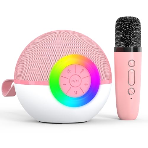 Karaoke Maschine Kinder Spielzeug Geschenke für 3-12 Jahre Mädchen Tragbares Bluetooth Karaoke Maschine mit Mikrofon für Kinder Erwachsene mit 5 Stimme wechselnde Effekte & LED-Lichter (Pink-1 Mic) von Heroange