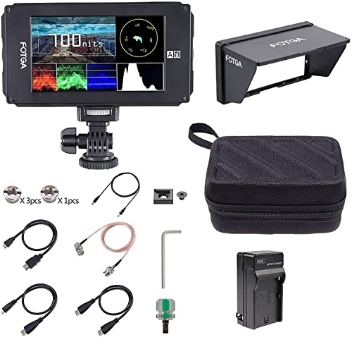 DSLR Kamera Monitor 5 Zoll, FOTGA A50TLS Touchscreen Kamera Field Monitor 3D LUT 700nit FHD IPS 1920x1080 HDMI 4K Feldmonitor mit Tragetasche HDMI-Kabel NP-F Akkuladegerät von Hersmay