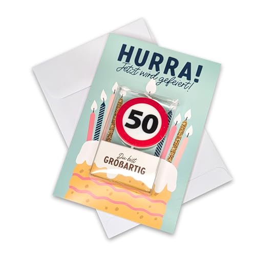 Herz & Heim® Geburtstagskarte mit Kuchenkerze im Verkehrszeichen-Design – Zahl 18 bis 80 – Originelle Grußkarte mit Kerze zum Geburtstag (50) von Herz & Heim