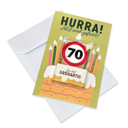 Herz & Heim® Geburtstagskarte mit Kuchenkerze im Verkehrszeichen-Design – Zahl 18 bis 80 – Originelle Grußkarte mit Kerze zum Geburtstag (70) von Herz & Heim