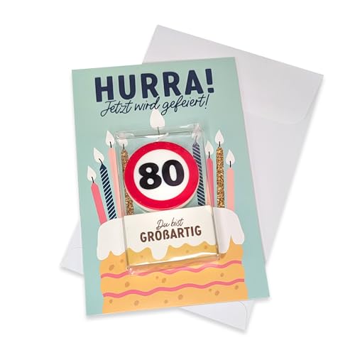 Herz & Heim® Geburtstagskarte mit Kuchenkerze im Verkehrszeichen-Design – Zahl 18 bis 80 – Originelle Grußkarte mit Kerze zum Geburtstag (80) von Herz & Heim