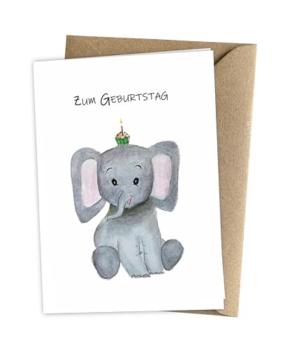 Herzfunkeln® Geburtstagskarte für Kinder mit süßem Elefant in DIN A6 - Zum Geburtstag - Umschlag aus Recyclingpapier - Glückwunschkarte & Happy Birthday Karte - Made in Germany von Herzfunkeln