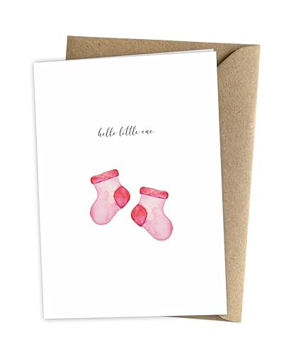 Herzfunkeln® Glückwunschkarte zur Geburt für Mädchen mit rosa Baby-Socke in DIN A6 - Hello little one - Karte zur Geburt als Geschenk für Eltern - Umschlag aus Recyclingpapier von Herzfunkeln