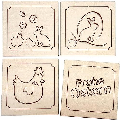 Hess Holzspielzeug 25200 - Untersetzer aus Holz, Motiv "Frohe Ostern", 4 Stück im Set, ca. 8 x 8 cm, zum Verzieren, Basteln oder Bemalen von Hess