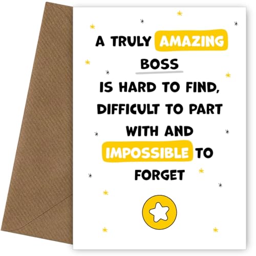 Fun Boss Abschiedskarte – Impossible to Forget – Dankeskarte für Chef von Mitarbeitern und Arbeitsteam von Hey Chimp
