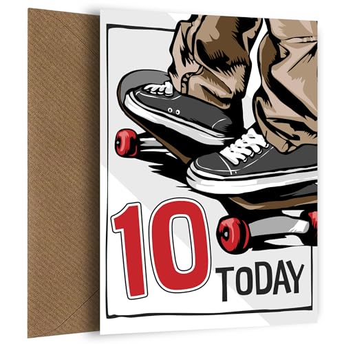 Geburtstagskarte zum 10. Geburtstag für Jungen, Skateboarding – Geburtstagskarte für Sohn, Urenkel, Neffen oder Bruder. Geburtstagskarte für 10 Jahre alten Skateboarder Boy von Hey Chimp