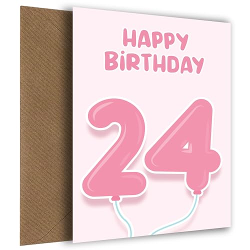 Geburtstagskarte zum 24. Geburtstag für Sie – Rosa Luftballons für 24 Jahre alte Frau, Mutter, Tochter, Enkelin oder Nichte von Hey Chimp