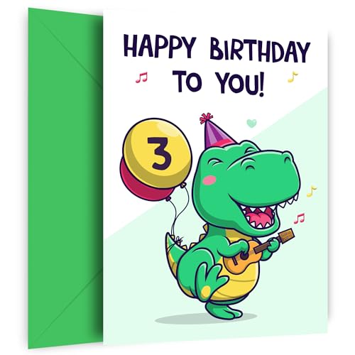 Geburtstagskarte zum 3. Geburtstag für Jungen, 3 Jahre alte Geburtstagskarte für Enkel, Sohn, Neffe, Bruder oder Jungen, lustige grüne Dinosaurier-Geburtstagskarte von Hey Chimp