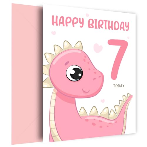 Geburtstagskarte zum 7. Geburtstag für Mädchen – 7 Jahre alte Geburtstagskarte für Enkelin, Tochter, große Nichte, Schwester oder Mädchen – rosa Dinosaurier-Geburtstagskarte, 7. Geburtstag, rosa von Hey Chimp