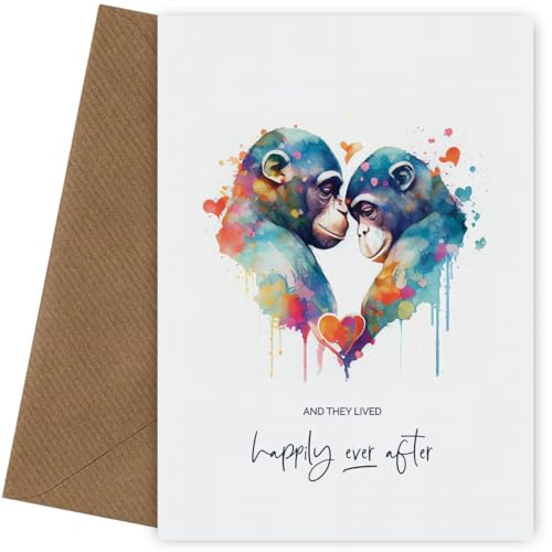 Hey Chimp Glückwunschkarte zum Hochzeitstag für Braut und Bräutigam – Happily Ever After – Aquarell-Affen von Hey Chimp