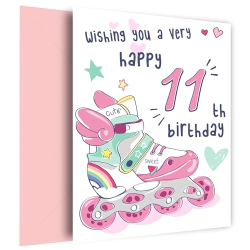 Rollerblades Geburtstagskarte zum 11. Geburtstag für Mädchen, Rollschuhe & Skaten, Geburtstagskarte für Enkelin, Tochter, Schwester oder Nichte, 11. Geburtstag, Rosa von Hey Chimp