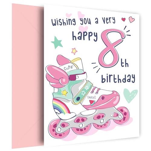 Rollerblades Geburtstagskarte zum 8. Geburtstag für Mädchen, Rollschuhe und Skaten, Geburtstagskarte für Enkelin, Tochter, Schwester oder Nichte, 8. Geburtstag, Rosa von Hey Chimp