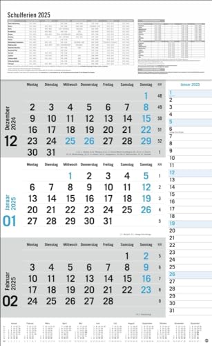 3-Monats-Planer 2025 mit Klappfälzel mit Ferienterminen.: Praktischer Wandplaner mit Datumsschieber. Büro-Kalender mit Notizspalte und Jahresübersicht. Wandkalender 2025. (Bürokalender Heye) von Heye