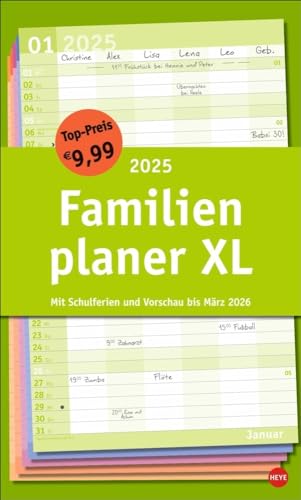 Basic Familienplaner XL 2025: Familienkalender mit 6 Spalten. Praktischer Familien-Wandkalender mit Schulferien. Extra breiter Terminkalender. 27 x 45 cm. (Basic Planer Heye) von Heye
