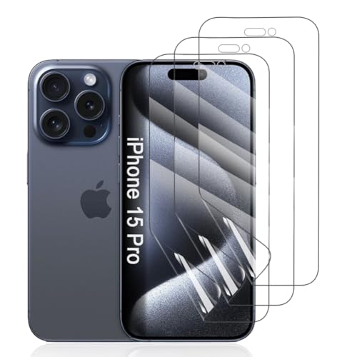 Hhfcryst Hydrogel Folie für iPhone 15 Pro, 3 Stück TPU Displayschutzfolie HD Transparent Weich Schutzfolie (Nicht Gehärtetes Glas) von Hhfcryst