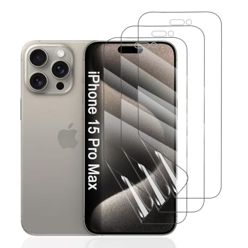 Hhfcryst Hydrogel Folie für iPhone 15 Pro Max, 3 Stück TPU Displayschutzfolie HD Transparent Weich Schutzfolie (Nicht Gehärtetes Glas) von Hhfcryst
