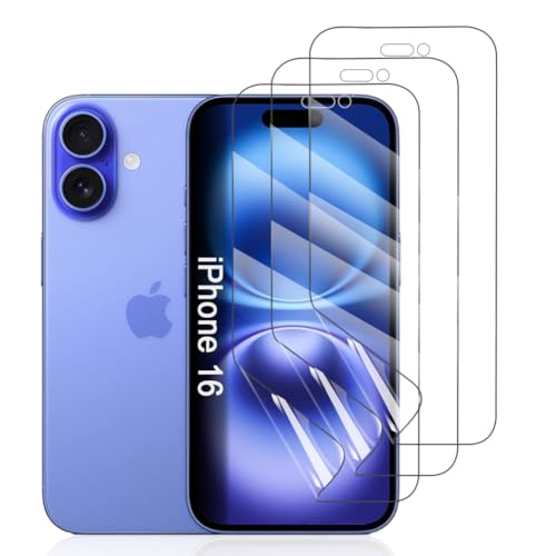 Hhfcryst Hydrogel Folie für iPhone 16, 3 Stück TPU Displayschutzfolie HD Transparent Weich Schutzfolie (Nicht Gehärtetes Glas) von Hhfcryst
