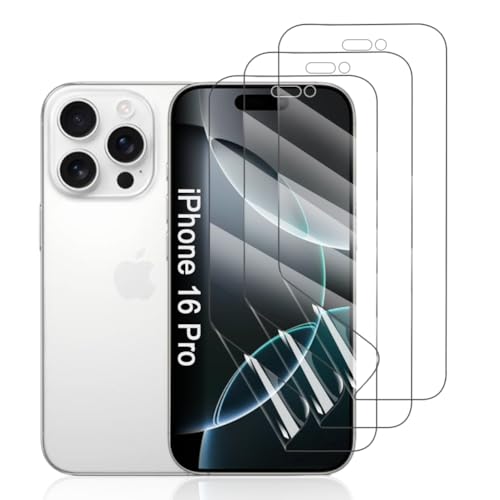 Hhfcryst Hydrogel Folie für iPhone 16 Pro, 3 Stück TPU Displayschutzfolie HD Transparent Weich Schutzfolie (Nicht Gehärtetes Glas) von Hhfcryst