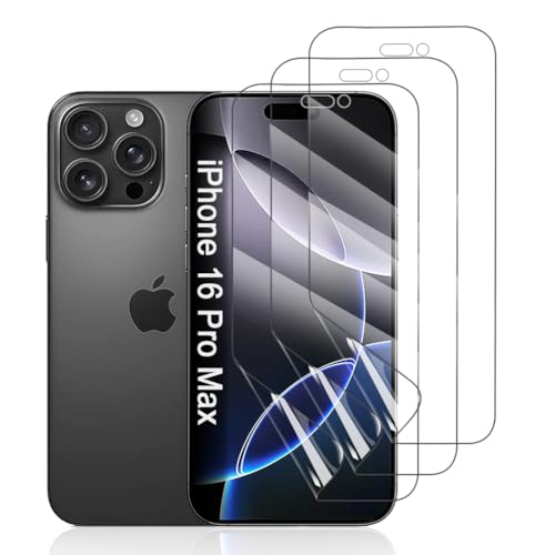 Hhfcryst Hydrogel Folie für iPhone 16 Pro Max, 3 Stück TPU Displayschutzfolie HD Transparent Weich Schutzfolie (Nicht Gehärtetes Glas) von Hhfcryst
