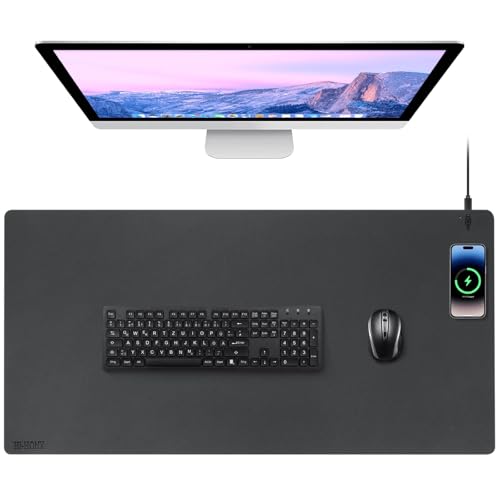 Büro drahtlose Aufladung Mauspad, Leder Desktop Pad mit drahtlosem Ladegerät Pad, 15 Watt Anti Rutsch Gaming Desktop Pad, 36"Lx17" breite drahtlose Aufladung Desktop Pad passend für Desktop, schwarz von Hi-HONX