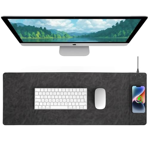 Hi-HONX Magnetisches Wireless Charging Schreibtischmatte, 80x30 cm, Grau, Kunstleder, Drahtlos Aufladung, Schreibtischmatte von Hi-HONX