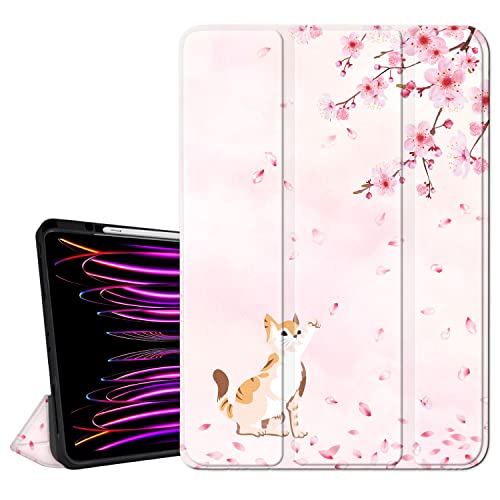 Hi Space Schutzhülle für iPad Pro 27,9 cm (11 Zoll), 2022, 2021, 2020, 2018, 4., 3., 2., 1. Generation mit Stifthalter, Kirschblüten-Katze, Blume, dreifach faltbar, stoßfest, automatische von Hi Space