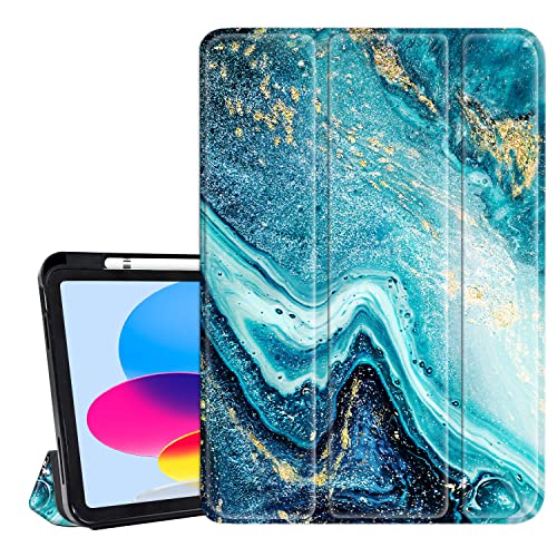 Hi Space iPad 10. Generation Blau Marmor Hülle 10 Zoll 2022 mit Stifthalter, Blau Marmor Gold Glitzer Trifold Schutzhülle Stoßfest Abdeckung für iPad 10. Generation Auto Sleep Wake für A2757 A2777 von Hi Space