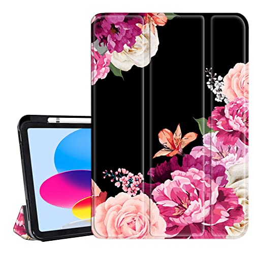 Hi Space iPad 10th Generation Case 10.9 Inch 2022 Peony Rose Cover for New iPad 10 Gen Case Flowers Floral iPad 10.9 Inch Cover with Pencil Holder Trifold Stand Back Protective Purple Flowers Pink von Hi Space