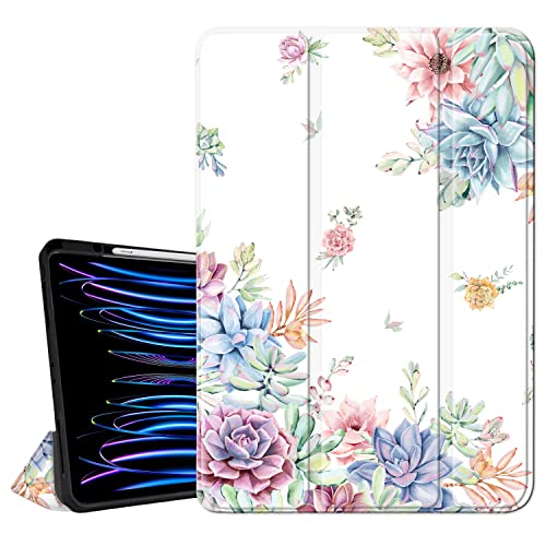 Hi Space iPad Pro 12.9 Case 2022 2021 2020 2018 6th 5th 4th 3rd Gen with Pencil Holder, Sukkulente Kaktus Blume Floral Trifold Stand Protective Shockproof Cover Auto Sleep Wake von Hi Space