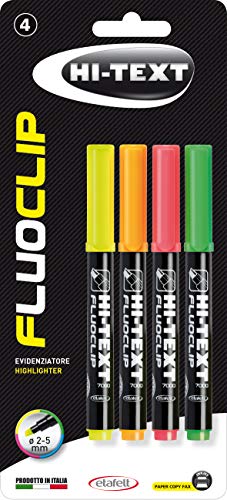 Evidenziatore FLUOCLIP 7000 Hi-Text, punta scalpello - Blister 4 pezzi in 4 colori fluo differenti von Hi-Text