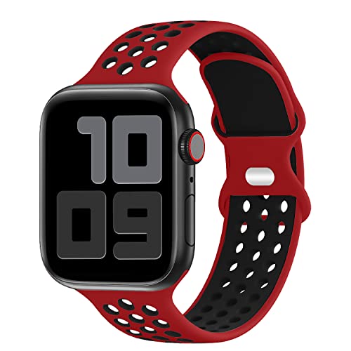 HiClothbo Kompatibel mit Apple Watch Armband 42/44/45mm für Damen/Herren, weiches, verstellbares, atmungsaktives Silikonarmband für iWatch Series 8 SE 7 6 5 4 3 2 1, Red/black von HiClothbo