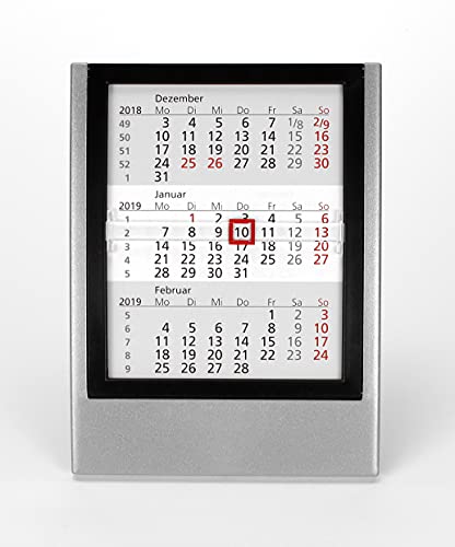 HiCuCo 3-Monats-Tischkalender für 2024 + 2025 + 2026 - Aufstellkalender - mit aufklappbarem Frontrahmen - TypW2 (Silber/Schwarz) von HiCuCo