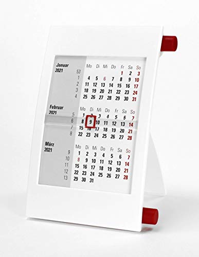 HiCuCo 3-Monats-Tischkalender für 2024 + 2025 - Aufstellkalender - Stehkalender - mit Drehmechanik - Farbvarianten - (Weiß/Rot) von HiCuCo