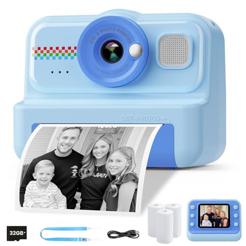 HiMont Kinderkamera Sofortbildkamera, 1080P Sofortbildkamera Kinder mit 32GB Karte & 3 Rollen Druckpapier, lustige Kinderspielzeug Geschenke für Jungen & Mädchen von 3-12 Jahren von HiMont