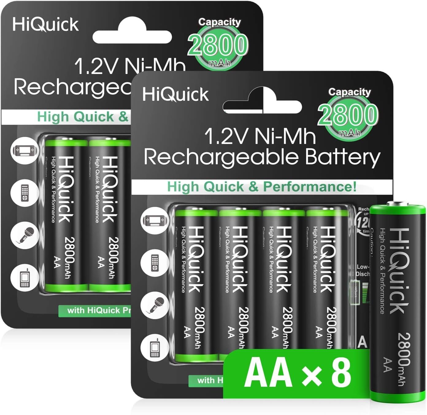 HiQuick 8 Stück Mignon AA NI-MH 2800mAh, wiederaufladbare AA Batterien Akku von HiQuick