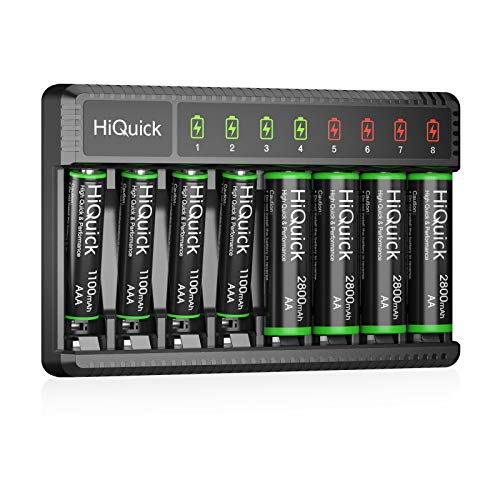 HiQuick Akku Ladegerät mit 4 AA Akku und 4 AAA Akku, AA AAA Batterien Ladegerat, für NI-MH NI-CD AA/AAA Akku, 8-Ladeplatz mit LED Anzeige ladegerat von HiQuick