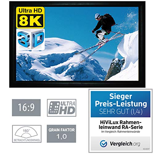 HiViLux® Rahmenleinwand 6cm Rahmenstärke Tuch: HiViWhite Cinema 1,0/8K/4K/3D/auch für UST (16:9 100Zoll Bild:221x124cm) von HiViLux