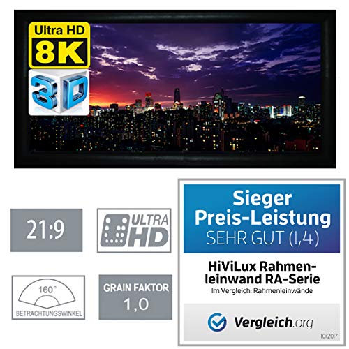 HiViLux® Rahmenleinwand 6cm Rahmenstärke Tuch: HiViWhite Cinema 1,0/8K/4K/3D/auch für UST (21:9 103Zoll Bild:241x102cm) von HiViLux