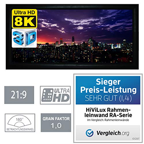 HiViLux® Rahmenleinwand 6cm Rahmenstärke Tuch: HiViWhite Cinema 1,0/8K/4K/3D/auch für UST (21:9 85Zoll Bild:199x85cm) von HiViLux