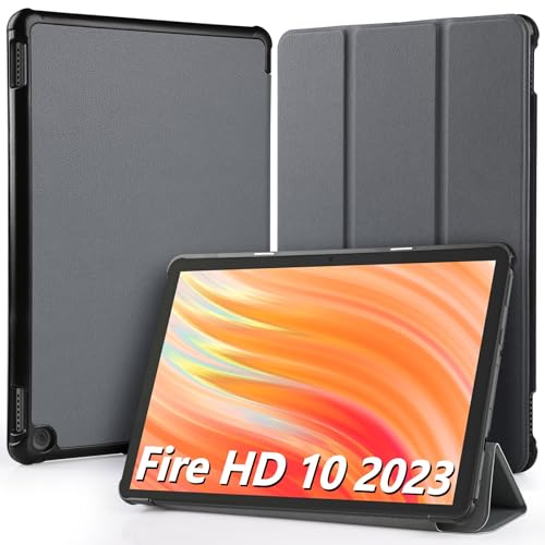 Hianjoo Hülle Kompatibel für Fire HD 10 Tablet 2023 10,1 Zoll, Ultra Dünn Leder Schutzhülle mit Standfunktion Kompatibel für Fire HD 10 13. Generation 10.1", Grau von Hianjoo