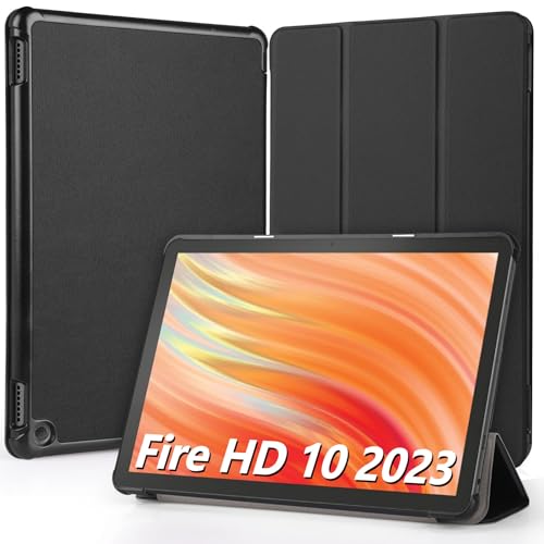 Hianjoo Hülle Kompatibel für Fire HD 10 Tablet 2023 10,1 Zoll, Ultra Dünn Leder Schutzhülle mit Standfunktion Kompatibel für Fire HD 10 13. Generation 10.1", Schwarz von Hianjoo