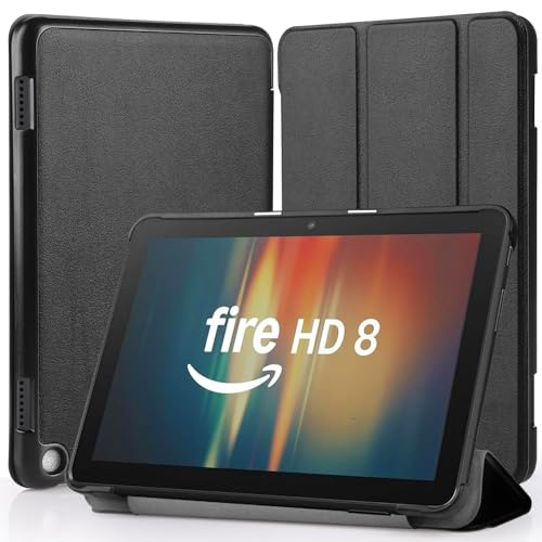 Hianjoo Hülle Kompatibel für Fire HD 8 Tablet (12. /10. Gen, 2024/2022/2020), Ultra Dünn Leder Schutzhülle mit Standfunktion Kompatibel für Fire HD 8/Plus/Kids/Kids Pro Tablet 8 Zoll, Schwarz von Hianjoo